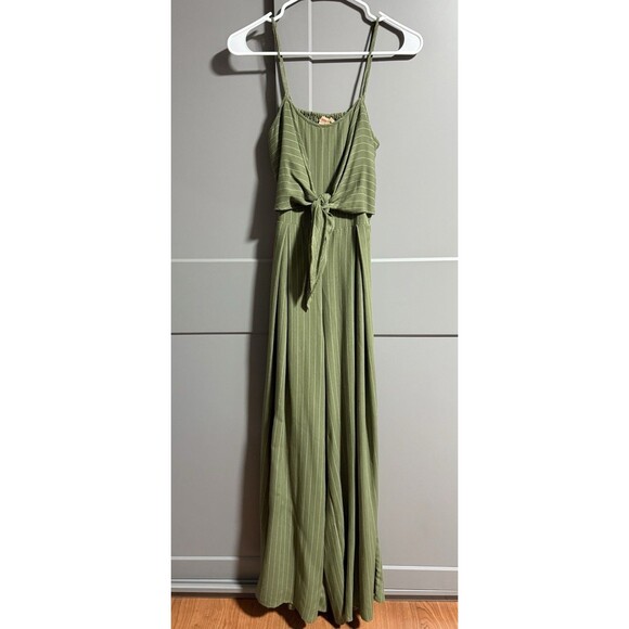 Flying Tomato Wide Leg Pinstripe Tie Front Keyhole Back Strap Jumpsuit Green XS - Picture 1 of 8